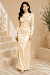 Champagne Long Sleeve Draped Satin Column Gown
