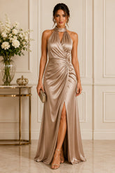 Champagne Luxe Satin Halter Gown