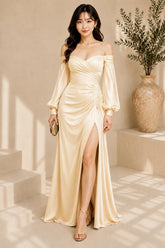 Champagne Off Shoulder Ruched High Slit Evening Gown