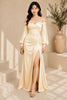 Champagne Off Shoulder Ruched High Slit Evening Gown