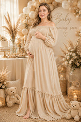Champagne Off Shoulder Ruffle Hem Maternity Maxi Dress