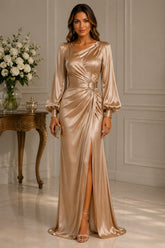 Champagne Satin Draped Evening Gown