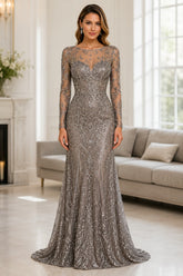 Champagne Sequin Embroidered Evening Gown