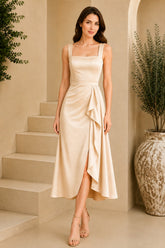 Champagne Square Neck Cascade Draped Midi Dress