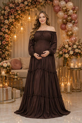 Chocolate Brown Off Shoulder Tiered Maternity Maxi Dress