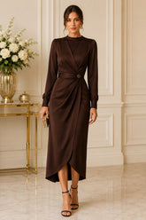 Chocolate Elegance Draped Midi Dress