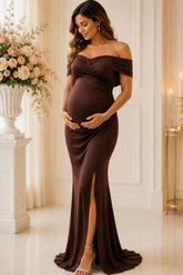 Chocolate Off Shoulder Maternity Gown