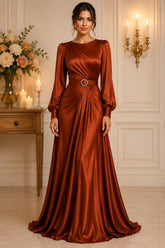 Copper Satin Draped Evening Gown
