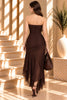 Dark Brown Ruched Strapless Maxi Dress with Chiffon Strip