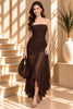 Dark Brown Ruched Strapless Maxi Dress with Chiffon Strip