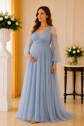 Dusty Blue Cold Shoulder Tulle Maxi Gown