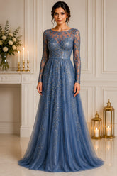 Dusty Blue Embroidered Tulle Ball Gown
