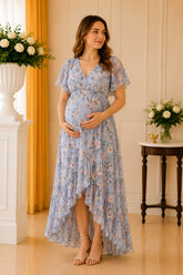 Dusty Blue Floral Ruffle High Low Midi Dress