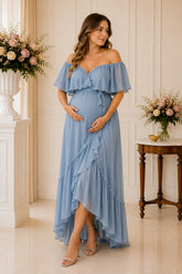 Dusty Blue Off-Shoulder Ruffle Maxi Gown