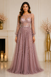 Dusty Mauve Embroidered Tulle Ball Gown