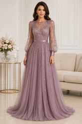 Dusty Mauve Embroidered Tulle Evening Gown