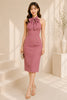 Dusty Rose Bow Neck Sheath Midi Dress