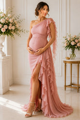 Dusty Rose Ruffle One-Shoulder Maternity Gown