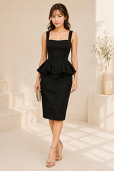 Elegant Black Peplum Waist Midi Dress