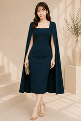 Elegant Navy Cape Sleeve Midi Dress