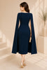 Elegant Navy Cape Sleeve Midi Dress