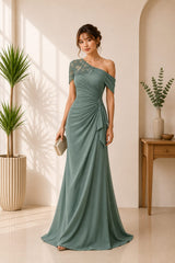 Elegant Sage Green One Shoulder Evening Gown
