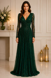 Emerald Beaded Tulle Evening Gown