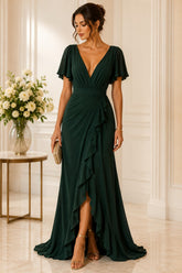 Emerald Cascade Ruffle Evening Gown