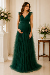 Emerald Cascade Ruffle Maternity Gown