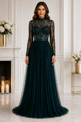 Emerald Embroidered High Neck Tulle Gown