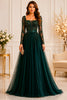 Emerald Embroidered Long Sleeve Tulle Evening Gown