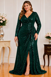 Emerald Green Sequin Long Sleeve Plus Size Maxi Dress