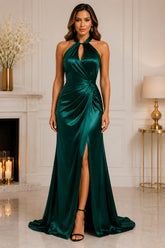 Emerald Halter Satin Slit Evening Gown