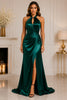 Emerald Halter Satin Slit Evening Gown