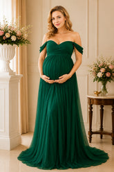 Emerald Off Shoulder Tulle Maternity Maxi Gown