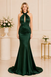 Emerald Satin Halter Gown