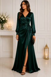 Emerald Satin Wrap Evening Gown