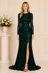 Emerald Sequin Long Sleeve Gown