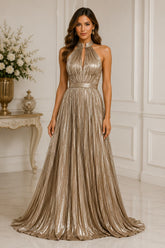 Gold Pleated Halter Evening Gown