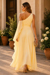 Golden Aura One Shoulder Chiffon Maxi Dress