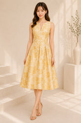 Golden Floral Jacquard Fit & Flare Midi Dress