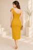 Golden Mustard One Shoulder Bow Midi Dress