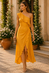 Golden Sunset One Shoulder Ruffle Midi Dress