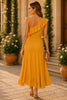 Golden Sunset One Shoulder Ruffle Midi Dress