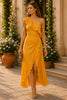 Golden Sunset One Shoulder Ruffle Midi Dress