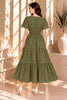 Green Brick Short Sleeve Tiered Midi Dress