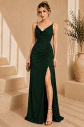 Green Cowl Neck High Slit Evening Gown