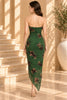 Green Floral Ruched Strapless Midi Dress with Strip