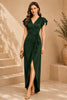 Green Flutter Sleeve Wrap Evening Gown