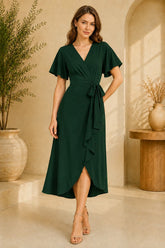 Green Flutter Sleeve Wrap Midi Dress